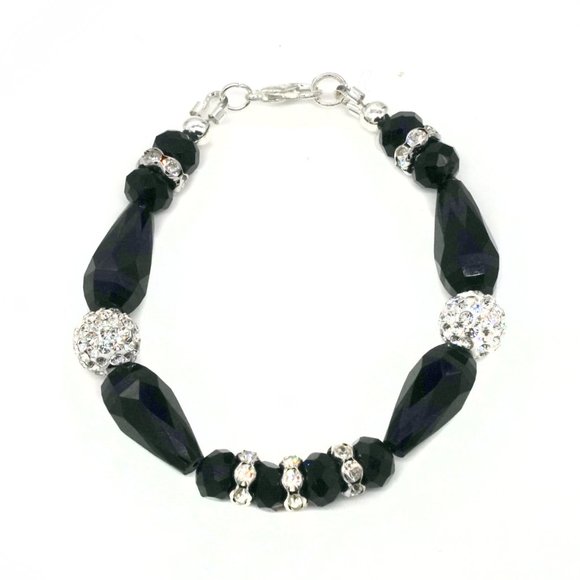 Black bead bracelet with rhinestones and silver lobster clasp. - Picture 3 of 3